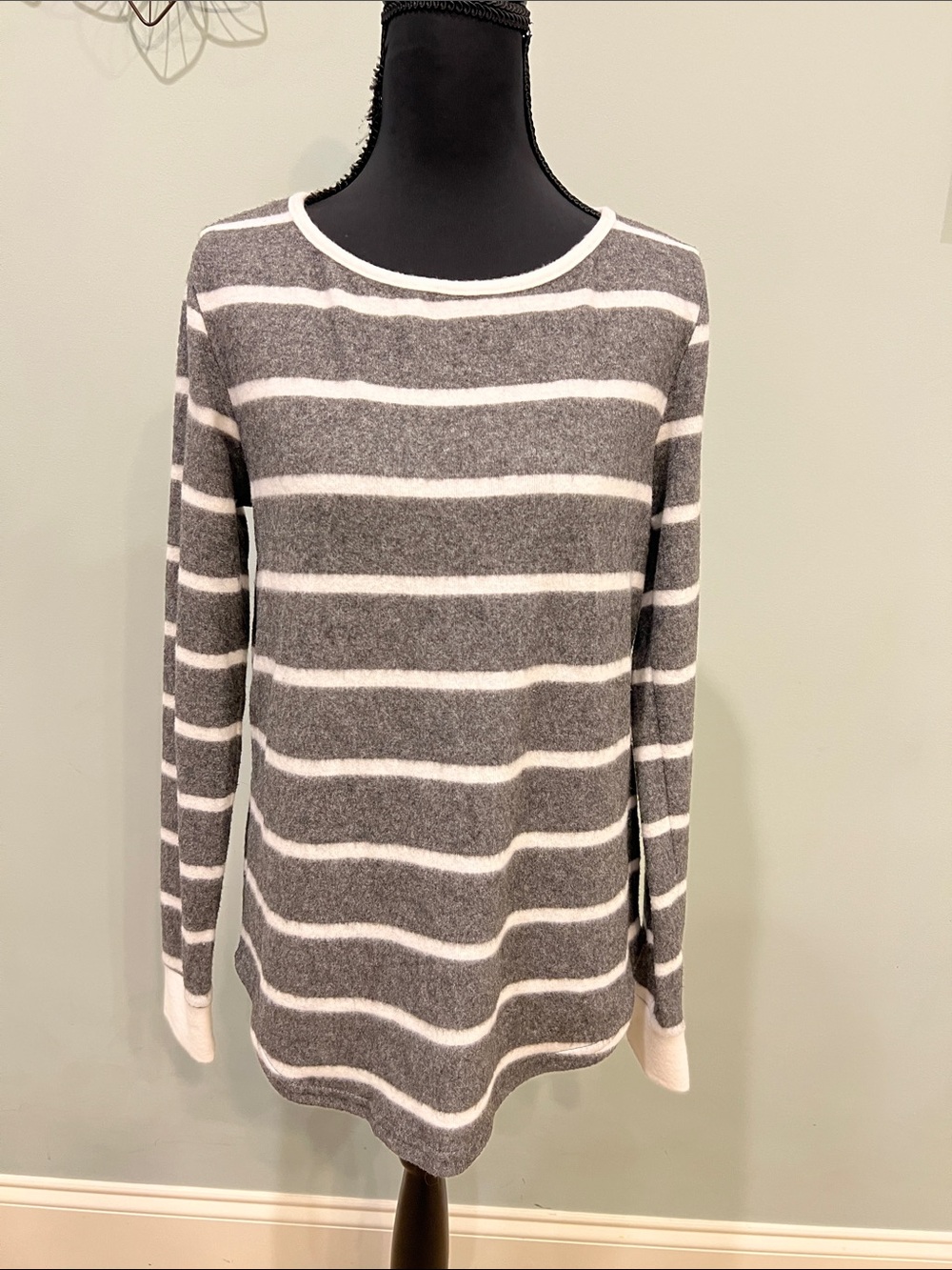 Pink Clover Gray & White Striped Scoop Neck Sweater